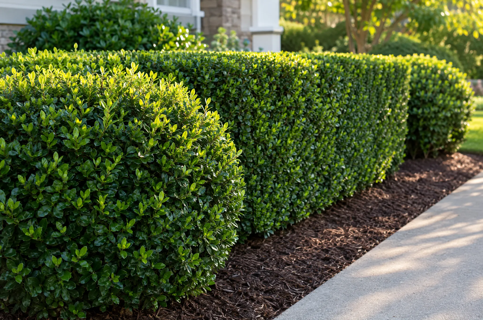 A neatly trimmed hedge beside a walkway with a clean cut line