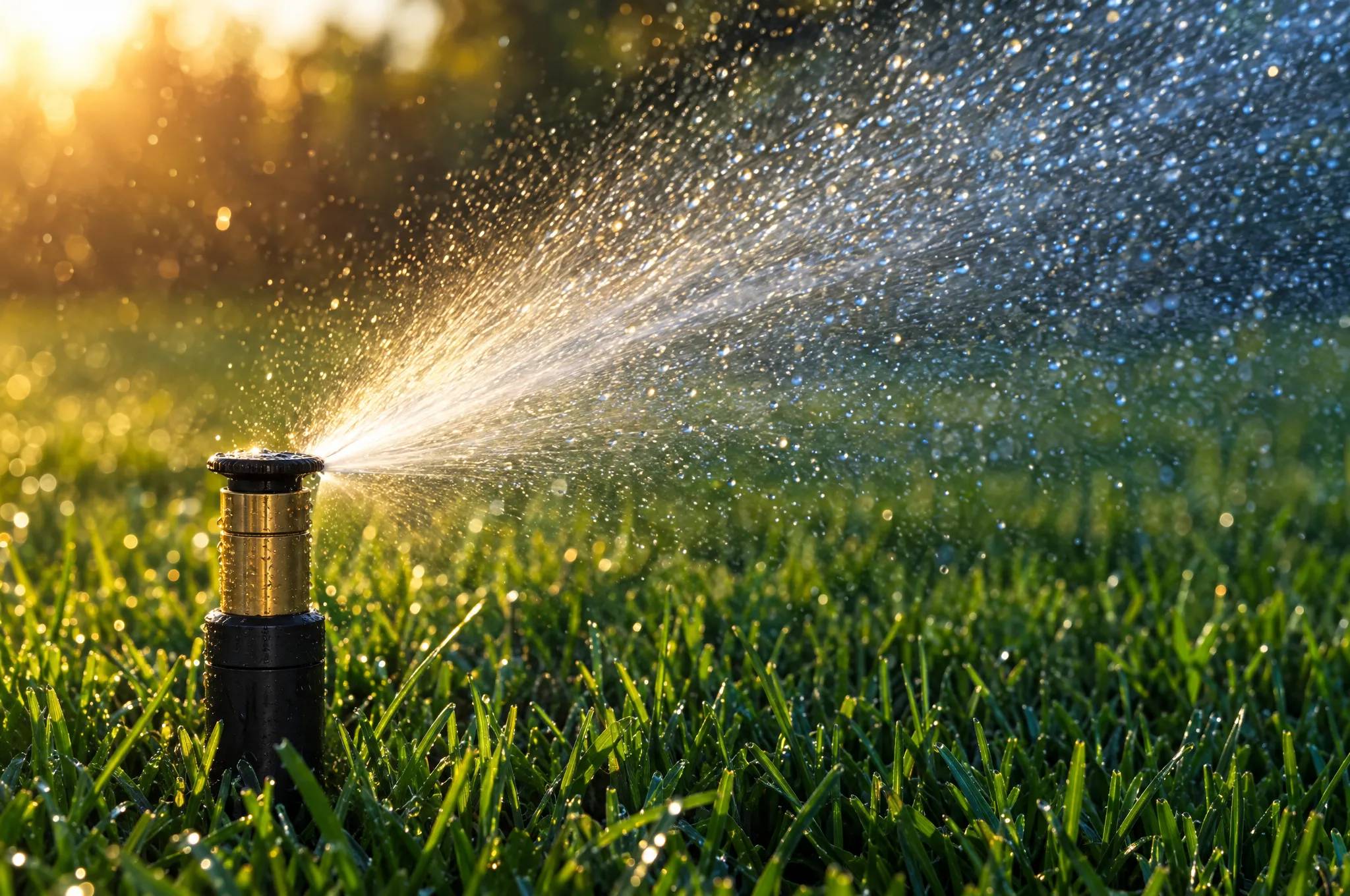 A sprinkler head spraying an arc of water across green turf in low sunlight