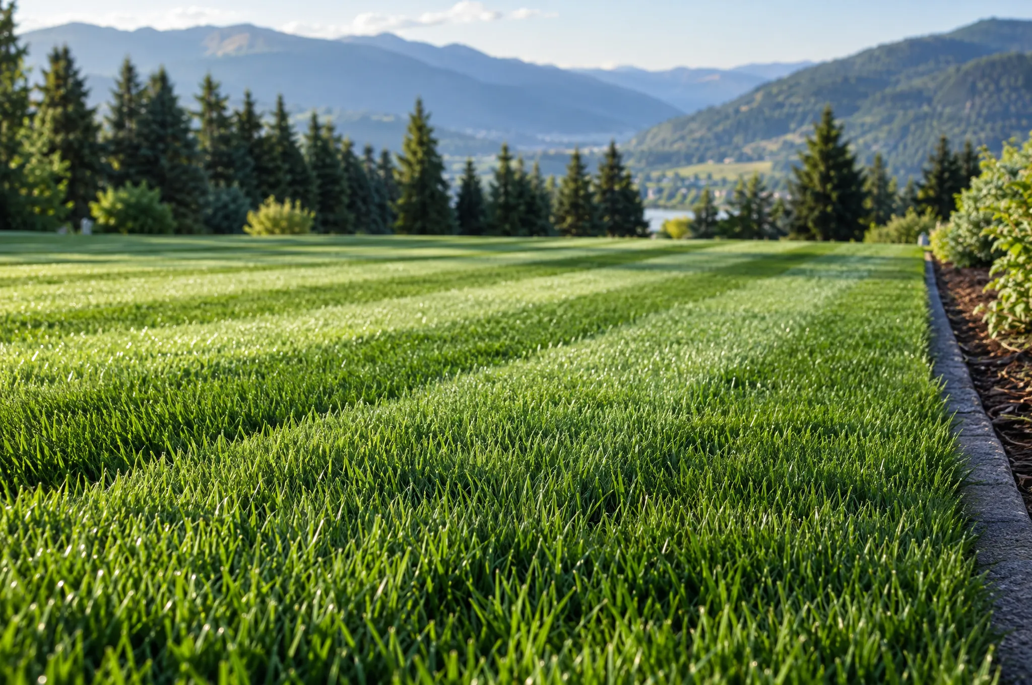 A freshly mowed lawn with clean mower stripes, mountains behind it