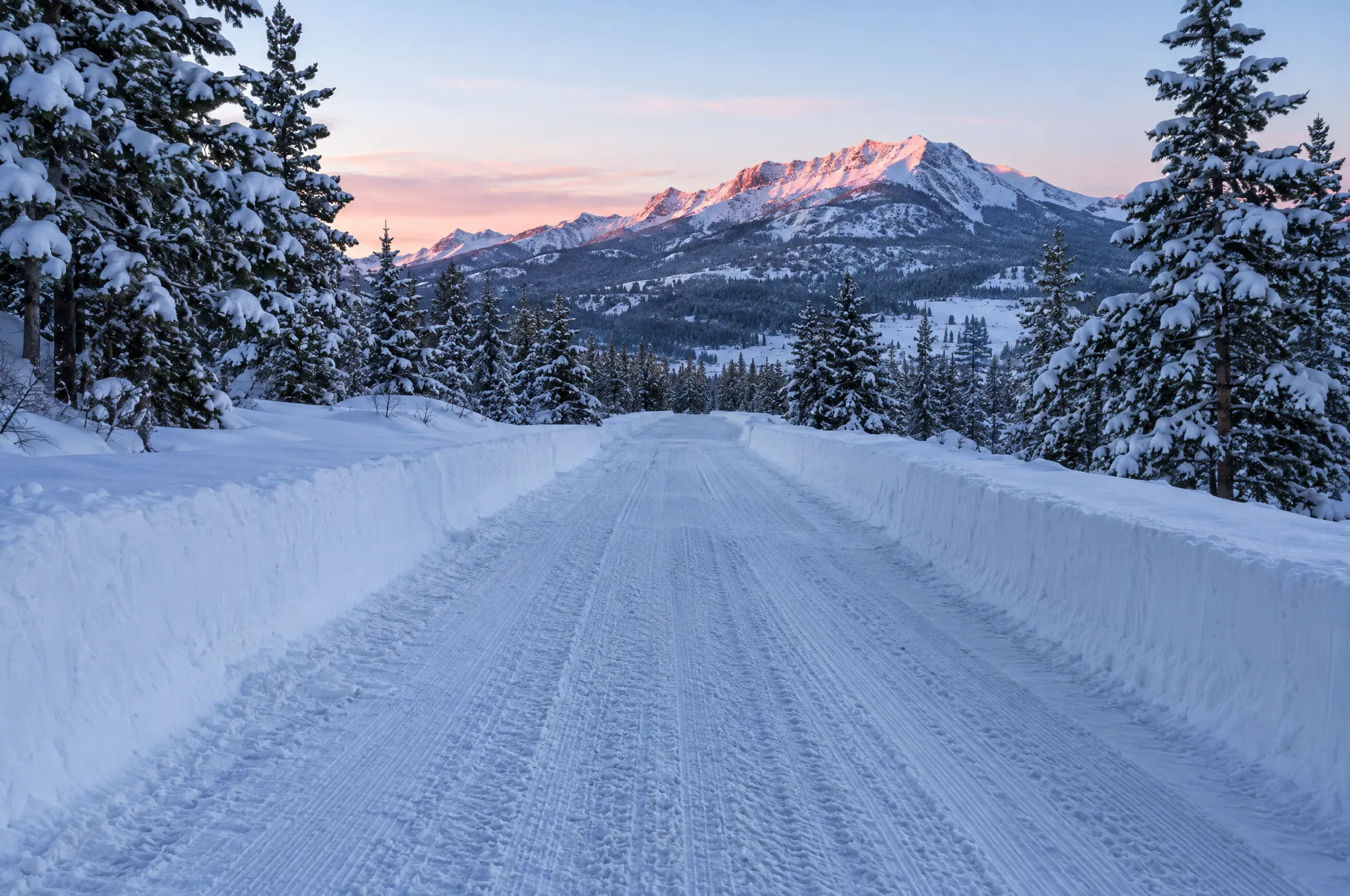 A rural driveway plowed clear between deep snowbanks at dawn