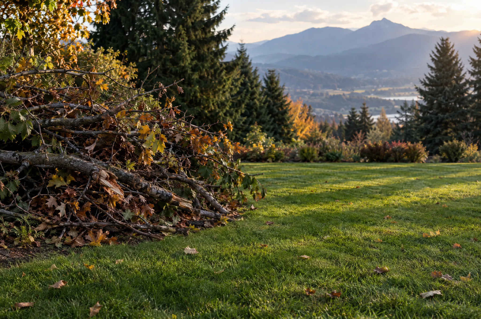 Storm-downed branches gathered into a pile at the edge of a raked lawn